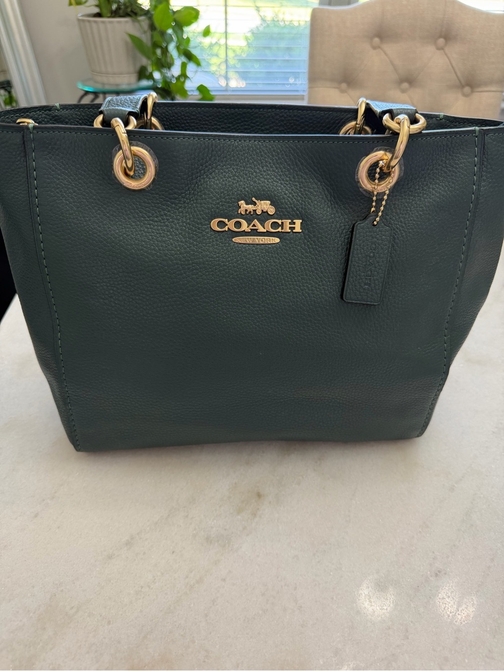 Coach Pebbled Leather Tote in Forest Green with Gold Hardware